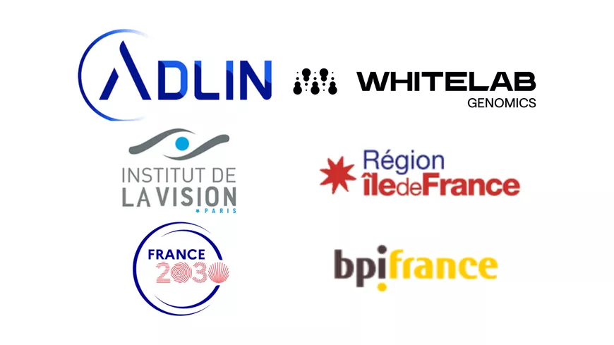 Ensemble des logos des partenaires du projet : Adlin, Whitelab genomics, Institut de la Vision, Région Île-de-France, France 2030, BpiFrance